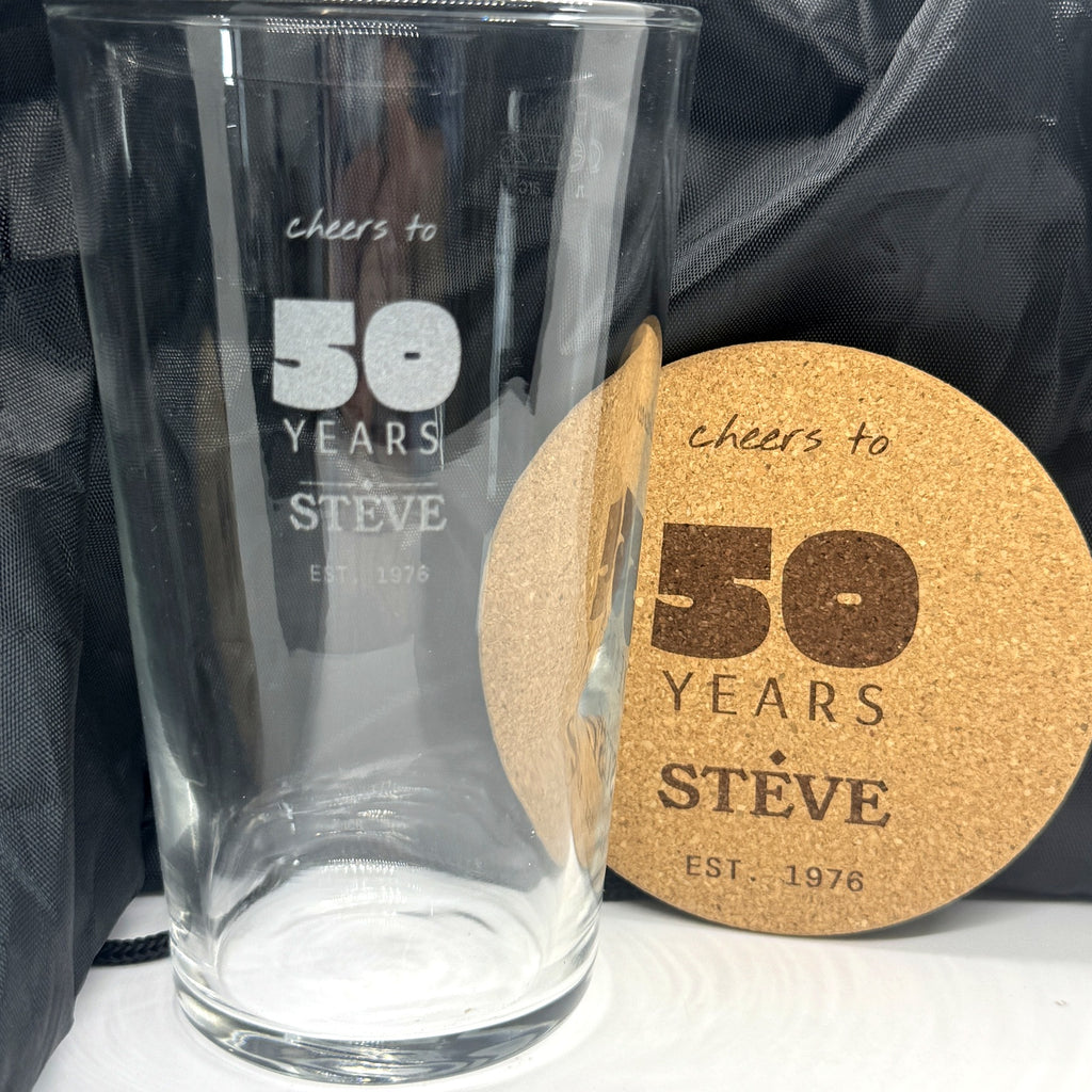 Personalised engraved pint glass and matching cork coaster gift set
