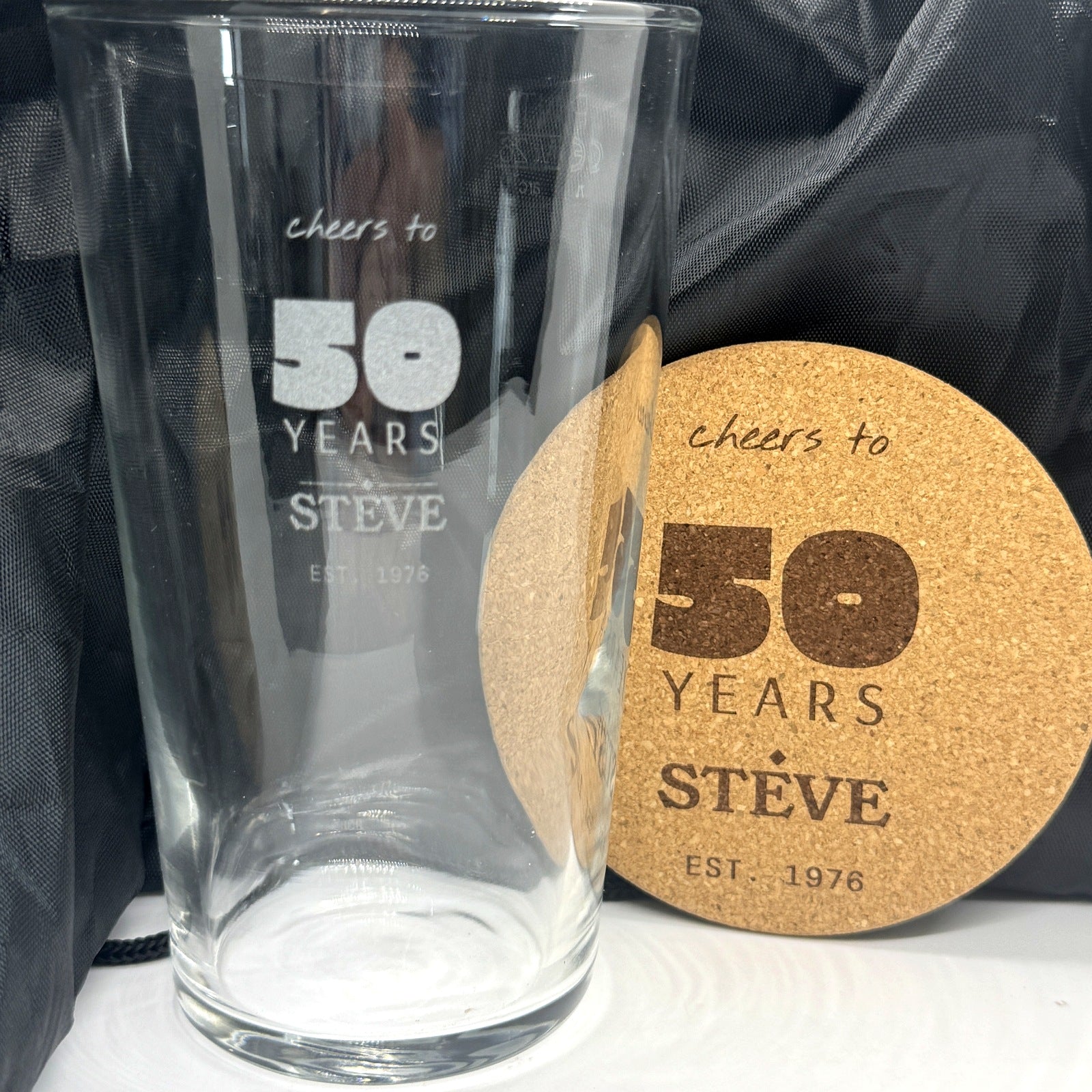 Personalised engraved pint glass and matching cork coaster gift set