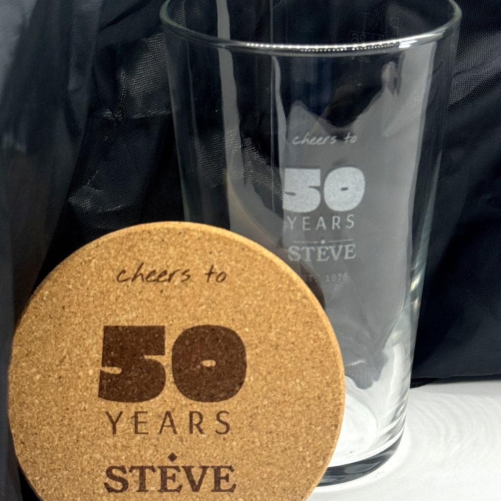 Engraved pint glass and cork coaster set