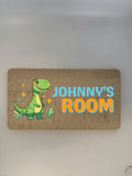Personalised dinosaur T-Rex kids door sign on beech wood