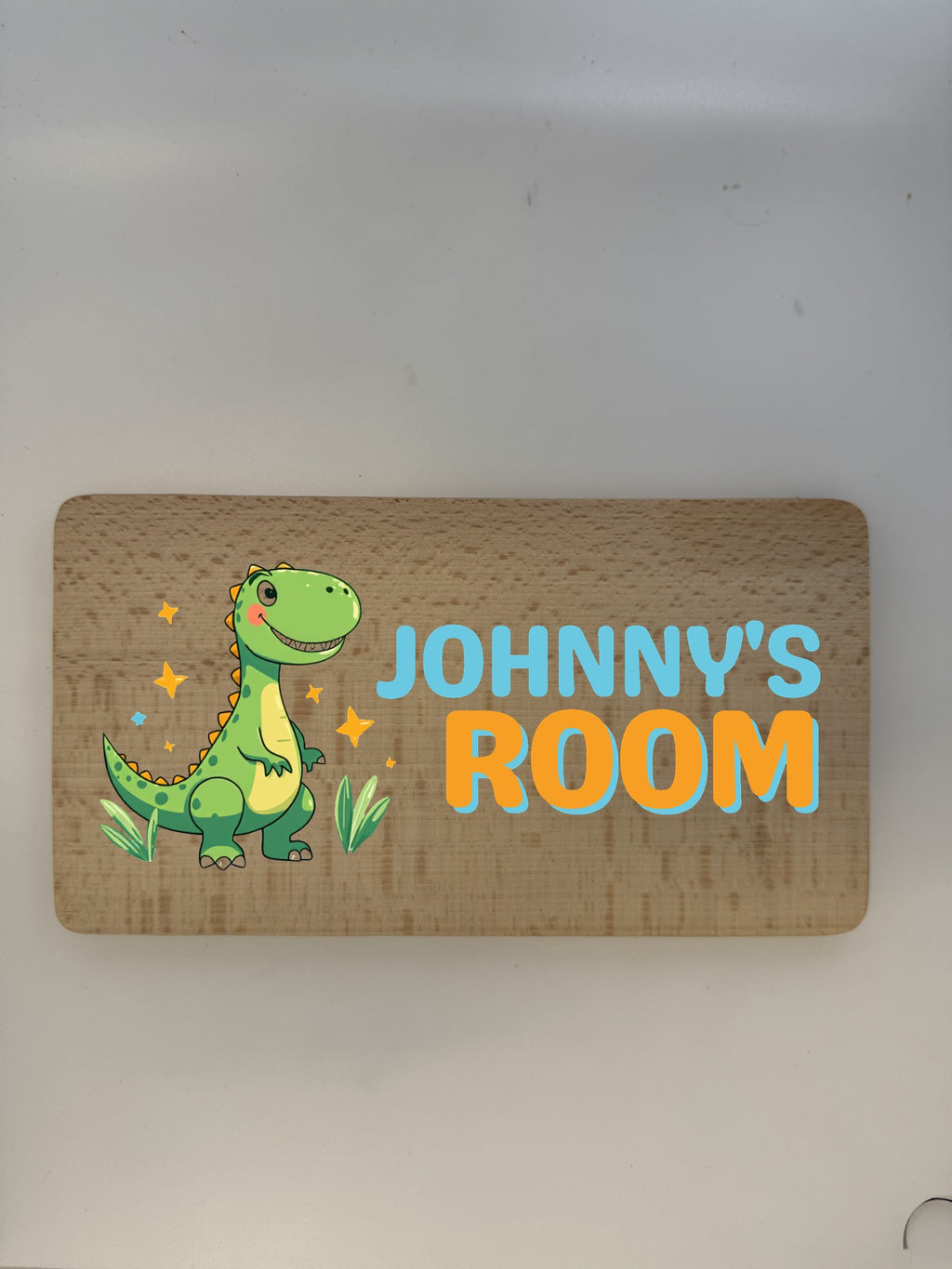 Personalised dinosaur T-Rex kids door sign on beech wood