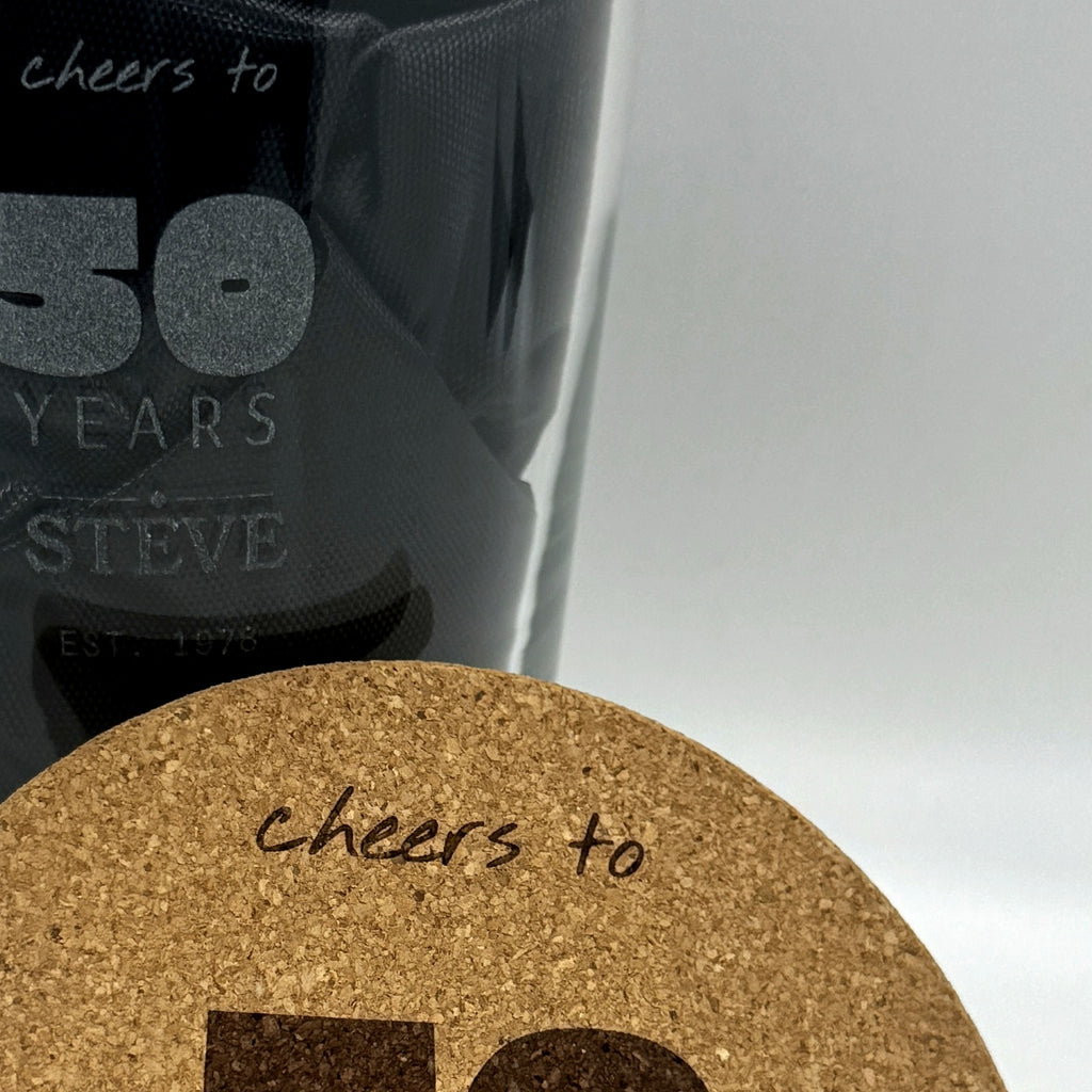 Matching engraved cork coaster detail