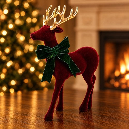 Burgundy Flocked Standing Reindeer Christmas Ornament Gold Antlers Velvet Bow