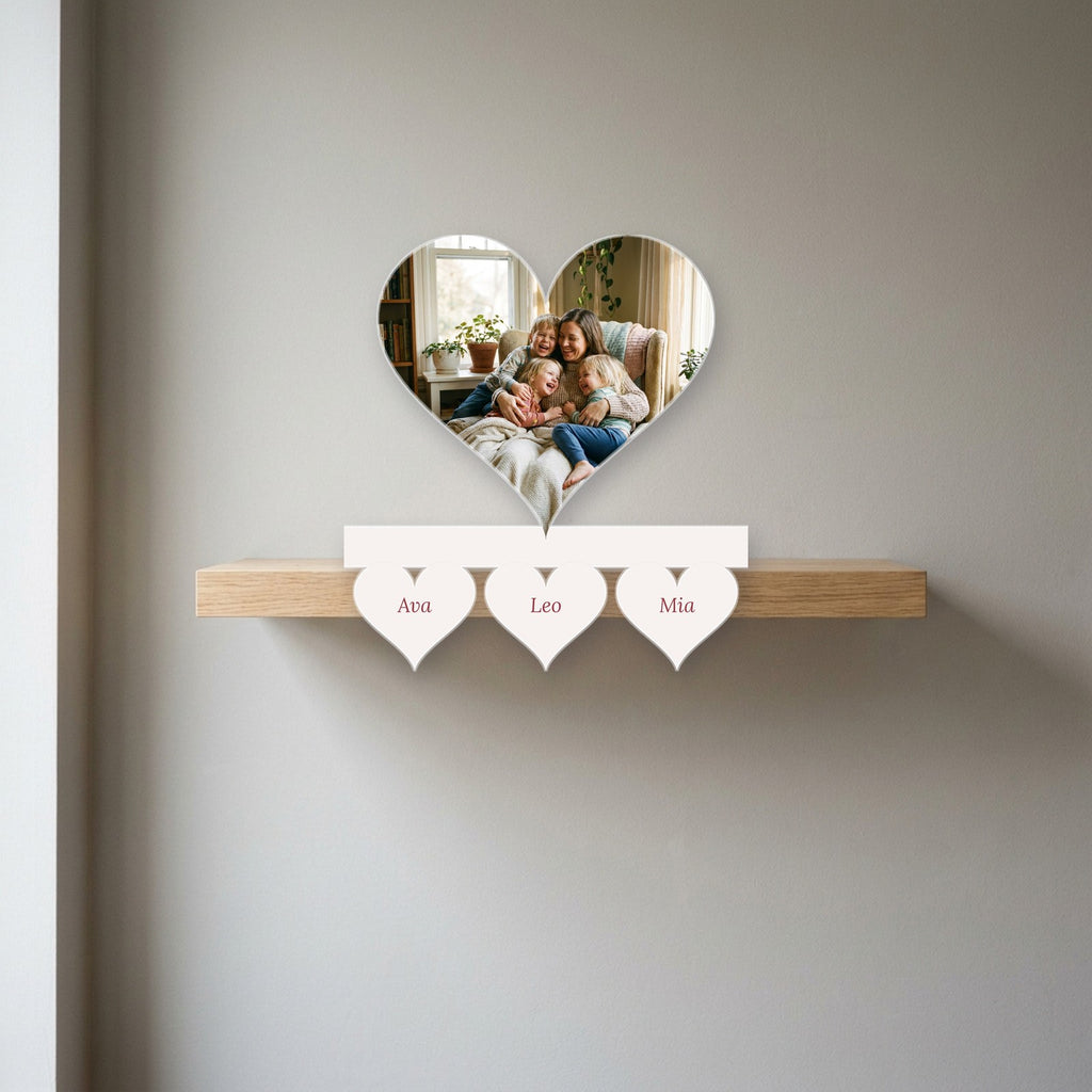 Family hearts photo block displayed on a shelf