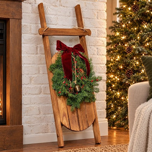 Hanging Wooden Ski Sledge Christmas Decoration Pine Wreath Red Bow Bells Door