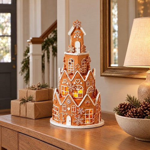 40cm Light Up Gingerbread Townhouse Christmas Ornament LED Tiered Tower Decor