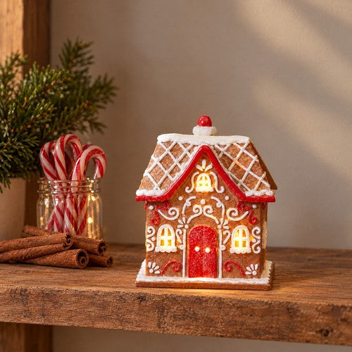 Light Up Gingerbread House Christmas Ornament LED Iced Cottage Red Door Decor