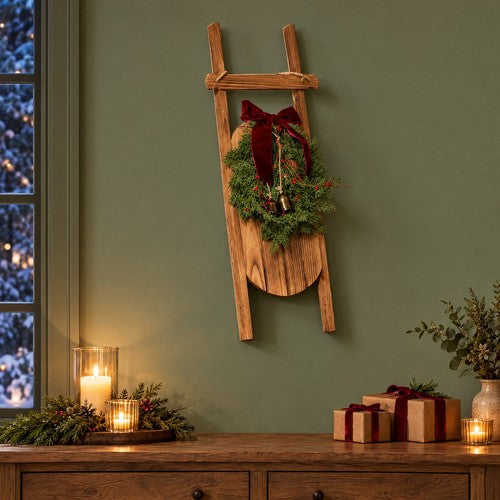 Hanging Wooden Ski Sledge Christmas Decoration Pine Wreath Red Bow Bells Door