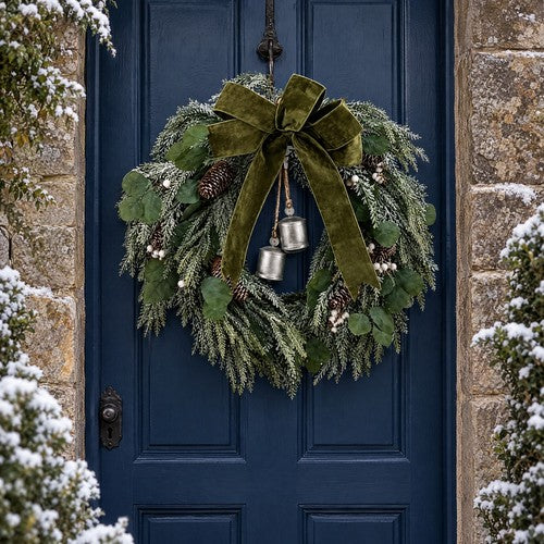 Frosted Pine Christmas Wreath Silver Bells Green Velvet Bow Front Door Decor