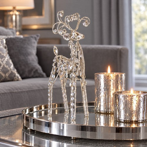 38cm Diamante Standing Reindeer Christmas Ornament Clear Sparkle Scroll Antlers
