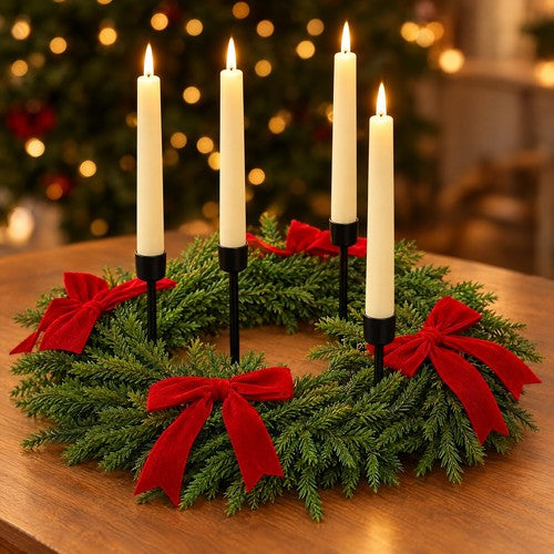 Christmas Table Wreath Taper Candle Holder Centrepiece Red Bows 40cm Pine