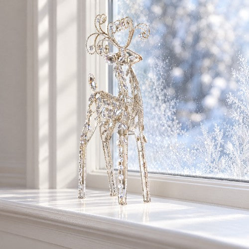 38cm Diamante Standing Reindeer Christmas Ornament Clear Sparkle Scroll Antlers