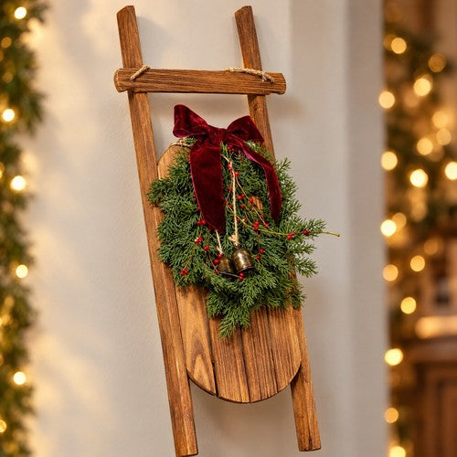 Hanging Wooden Ski Sledge Christmas Decoration Pine Wreath Red Bow Bells Door