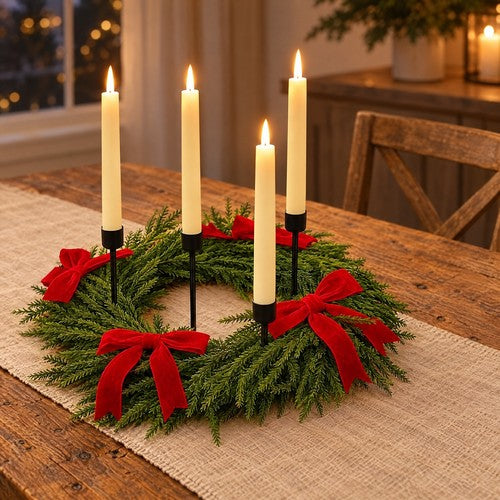 Christmas Table Wreath Taper Candle Holder Centrepiece Red Bows 40cm Pine
