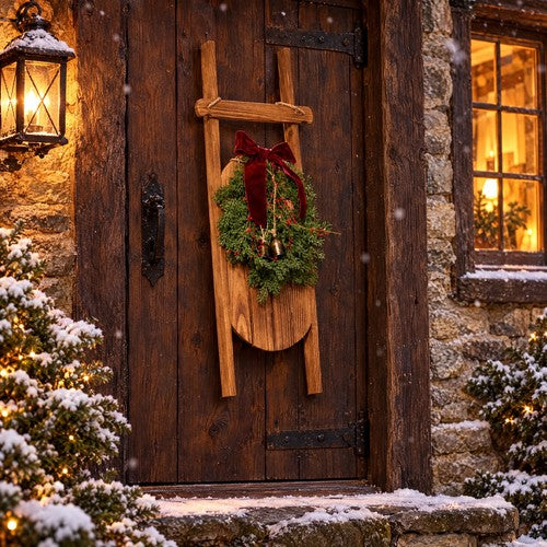 Hanging Wooden Ski Sledge Christmas Decoration Pine Wreath Red Bow Bells Door