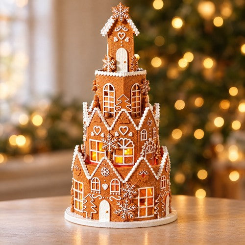 40cm Light Up Gingerbread Townhouse Christmas Ornament LED Tiered Tower Decor