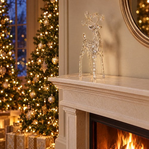 38cm Diamante Standing Reindeer Christmas Ornament Clear Sparkle Scroll Antlers