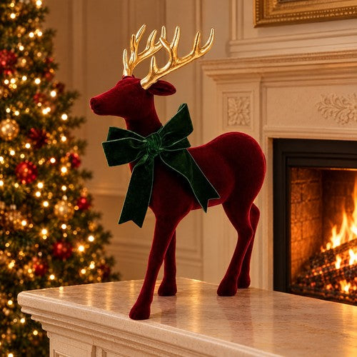 Burgundy Flocked Standing Reindeer Christmas Ornament Gold Antlers Velvet Bow