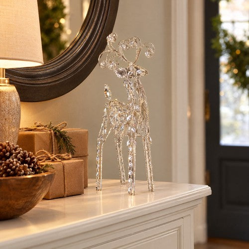 38cm Diamante Standing Reindeer Christmas Ornament Clear Sparkle Scroll Antlers