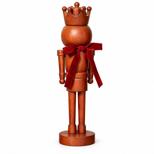 Wooden Nutcracker Christmas Ornament Natural Wood Crown Red Velvet Bow Figure