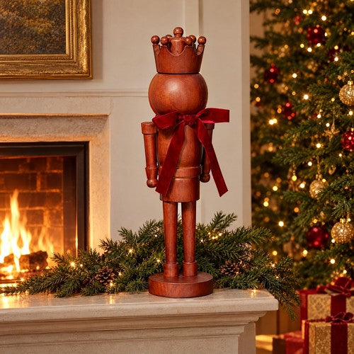 Wooden Nutcracker Christmas Ornament Natural Wood Crown Red Velvet Bow Figure
