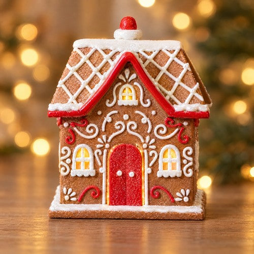Light Up Gingerbread House Christmas Ornament LED Iced Cottage Red Door Decor