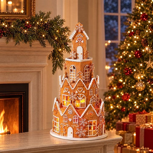 40cm Light Up Gingerbread Townhouse Christmas Ornament LED Tiered Tower Decor