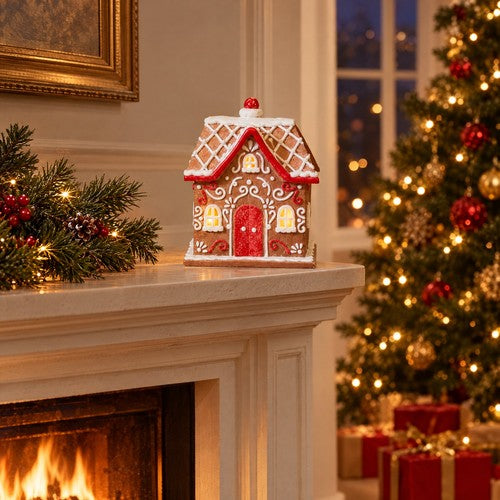 Light Up Gingerbread House Christmas Ornament LED Iced Cottage Red Door Decor