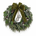 Frosted Pine Christmas Wreath Silver Bells Green Velvet Bow Front Door Decor