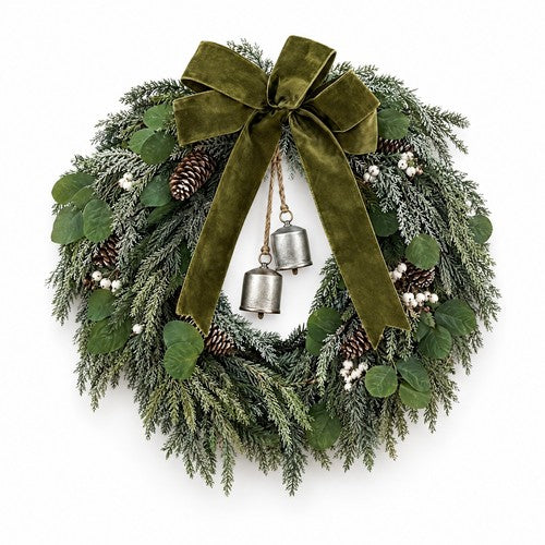 Frosted Pine Christmas Wreath Silver Bells Green Velvet Bow Front Door Decor