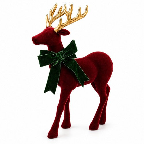 Burgundy Flocked Standing Reindeer Christmas Ornament Gold Antlers Velvet Bow