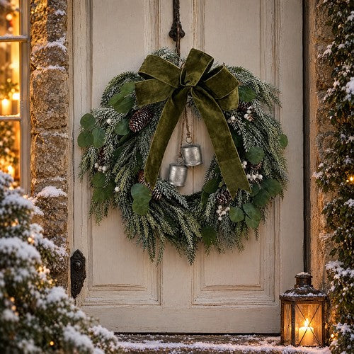 Frosted Pine Christmas Wreath Silver Bells Green Velvet Bow Front Door Decor