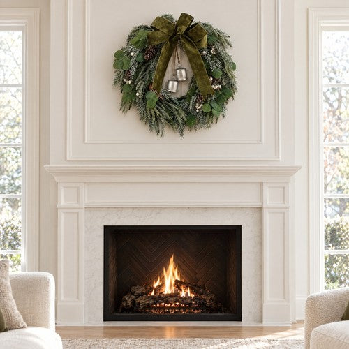 Frosted Pine Christmas Wreath Silver Bells Green Velvet Bow Front Door Decor