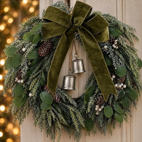 Frosted Pine Christmas Wreath Silver Bells Green Velvet Bow Front Door Decor