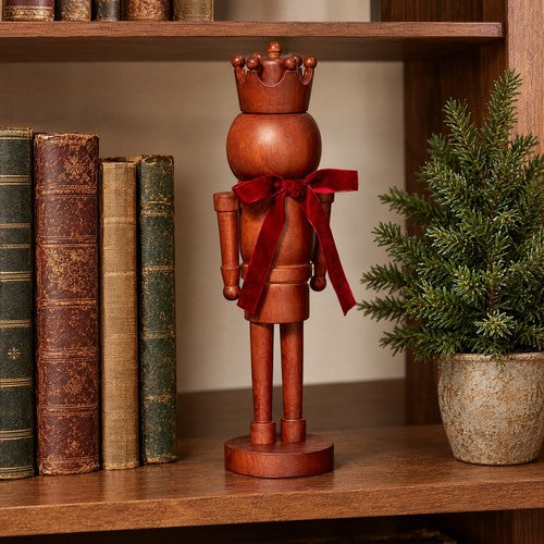 Wooden Nutcracker Christmas Ornament Natural Wood Crown Red Velvet Bow Figure