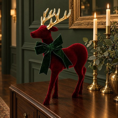 Burgundy Flocked Standing Reindeer Christmas Ornament Gold Antlers Velvet Bow