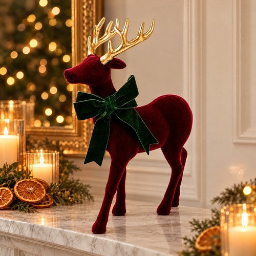 Burgundy Flocked Standing Reindeer Christmas Ornament Gold Antlers Velvet Bow