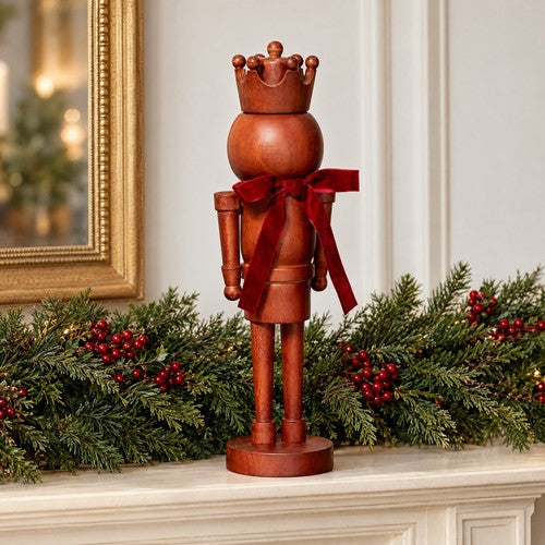 Wooden Nutcracker Christmas Ornament Natural Wood Crown Red Velvet Bow Figure
