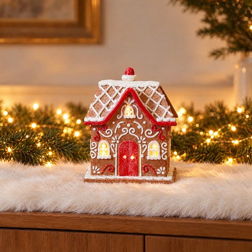 Light Up Gingerbread House Christmas Ornament LED Iced Cottage Red Door Decor