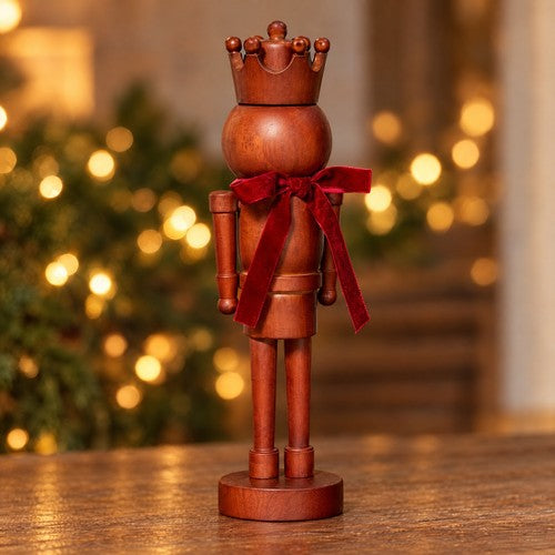 Wooden Nutcracker Christmas Ornament Natural Wood Crown Red Velvet Bow Figure