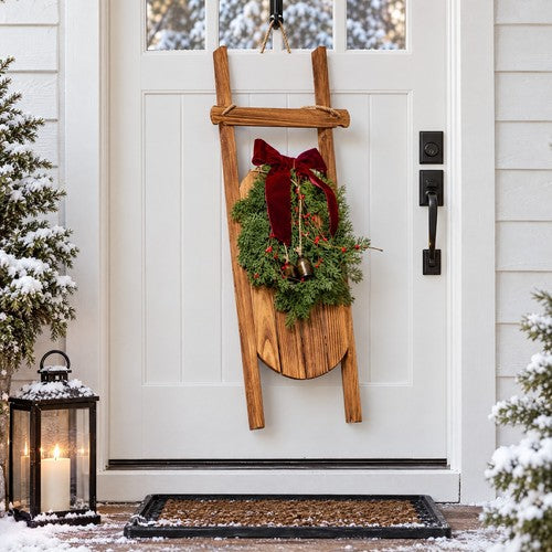 Hanging Wooden Ski Sledge Christmas Decoration Pine Wreath Red Bow Bells Door