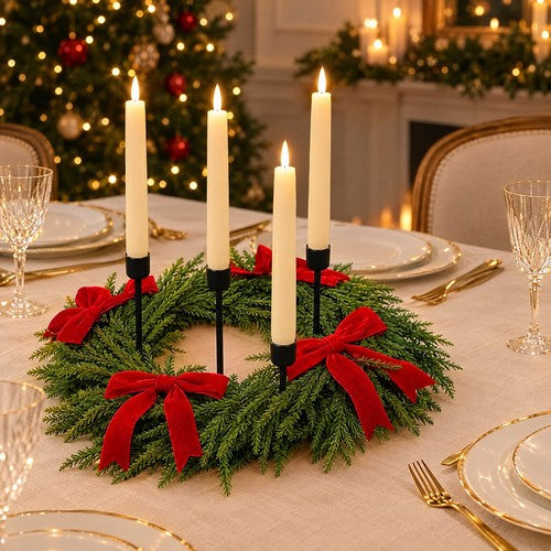 Christmas Table Wreath Taper Candle Holder Centrepiece Red Bows 40cm Pine