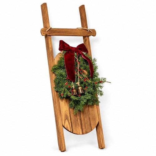 Hanging Wooden Ski Sledge Christmas Decoration Pine Wreath Red Bow Bells Door
