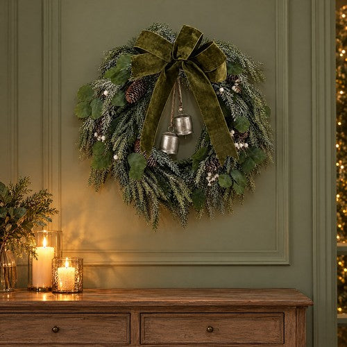 Frosted Pine Christmas Wreath Silver Bells Green Velvet Bow Front Door Decor