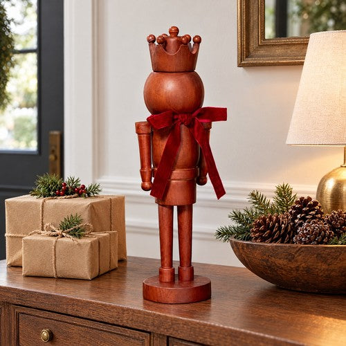 Wooden Nutcracker Christmas Ornament Natural Wood Crown Red Velvet Bow Figure