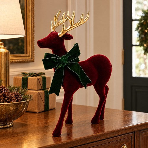 Burgundy Flocked Standing Reindeer Christmas Ornament Gold Antlers Velvet Bow