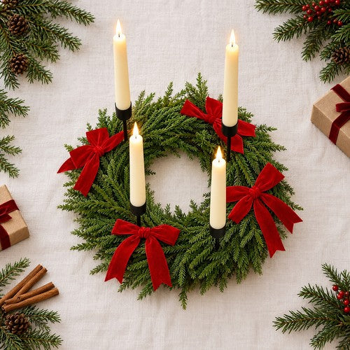 Christmas Table Wreath Taper Candle Holder Centrepiece Red Bows 40cm Pine