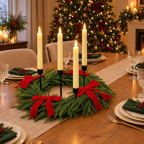Christmas Table Wreath Taper Candle Holder Centrepiece Red Bows 40cm Pine