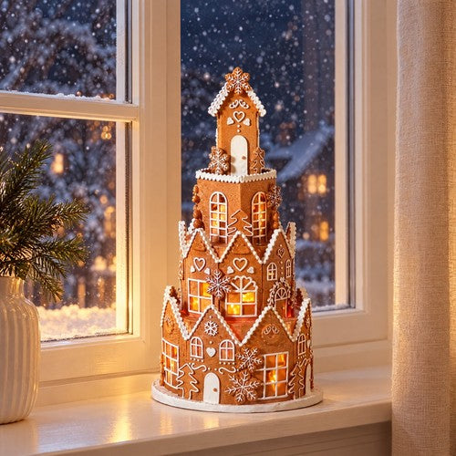 40cm Light Up Gingerbread Townhouse Christmas Ornament LED Tiered Tower Decor