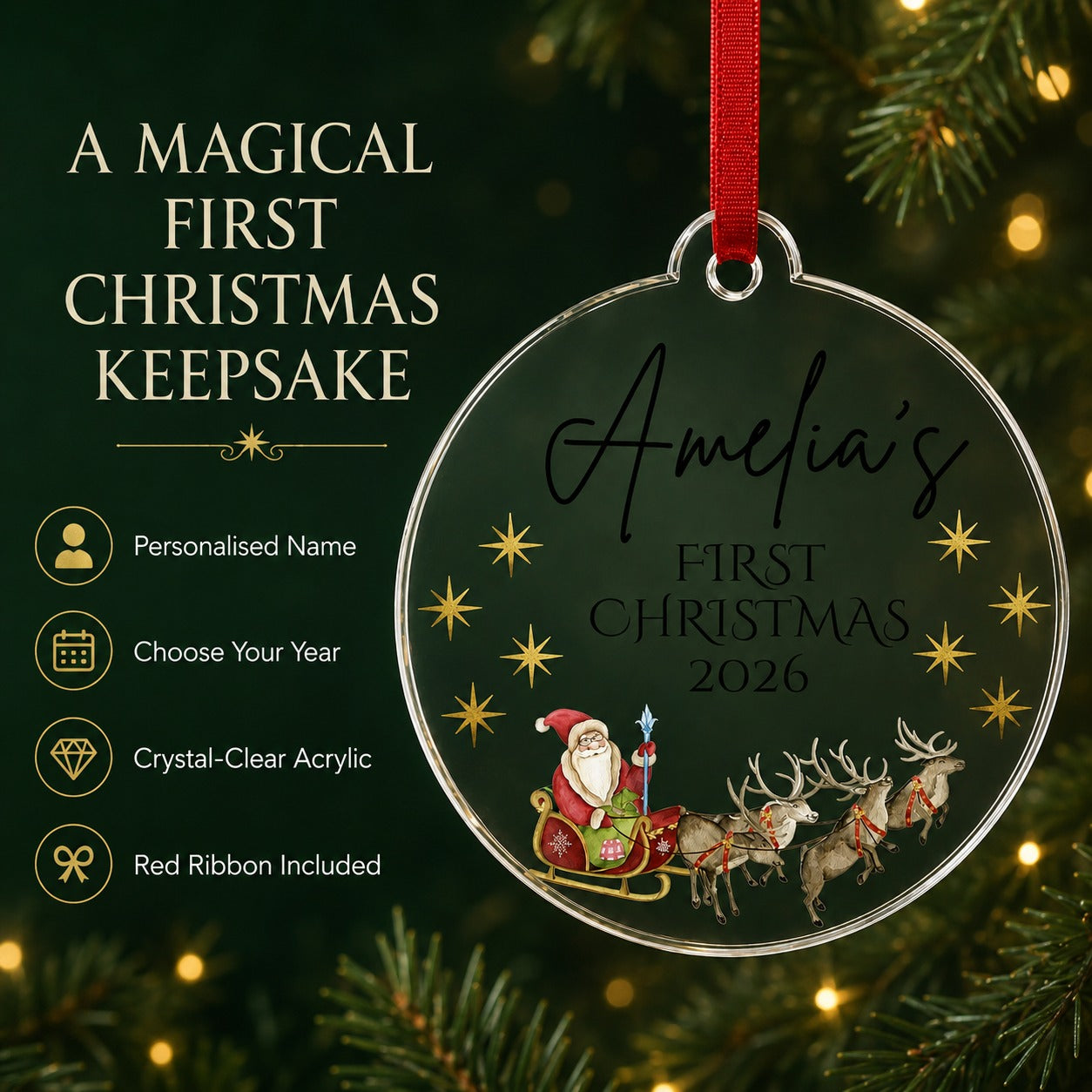 Santa sleigh first Christmas bauble hanging on a Christmas tree with warm lights